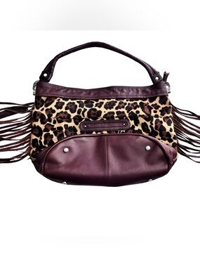 b. makowsky chocolate brown and Tan Leopard Fringe Shoulder Bag